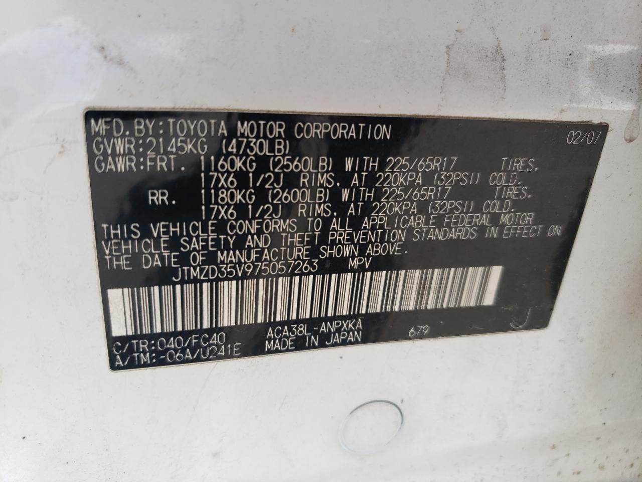 JTMZD35V975057263 2007 Toyota Rav4