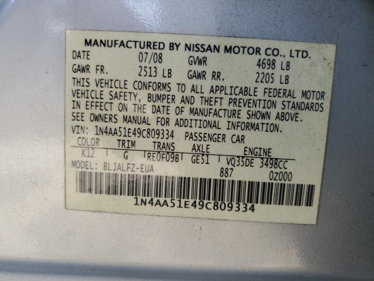 1N4AA51E49C809334 2009 Nissan Maxima S