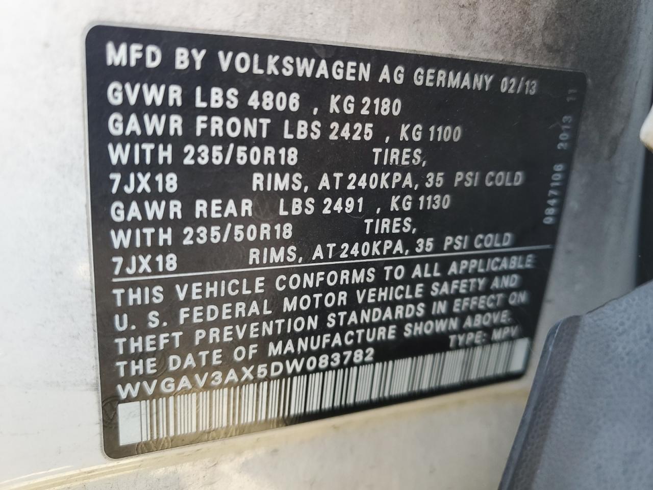 WVGAV3AX5DW083782 2013 Volkswagen Tiguan S