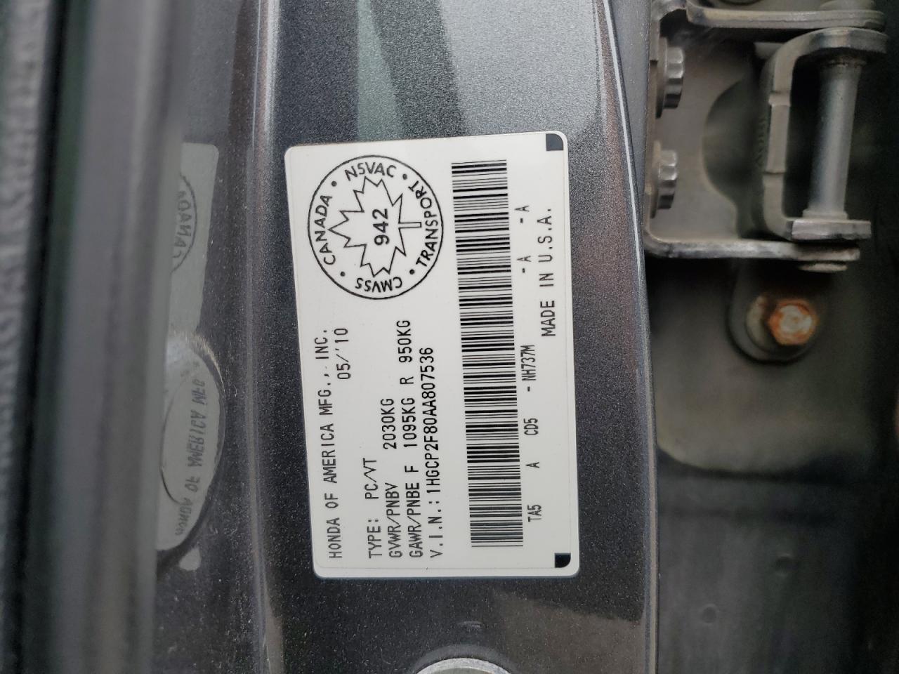 1HGCP2F80AA807536 2010 Honda Accord Exl