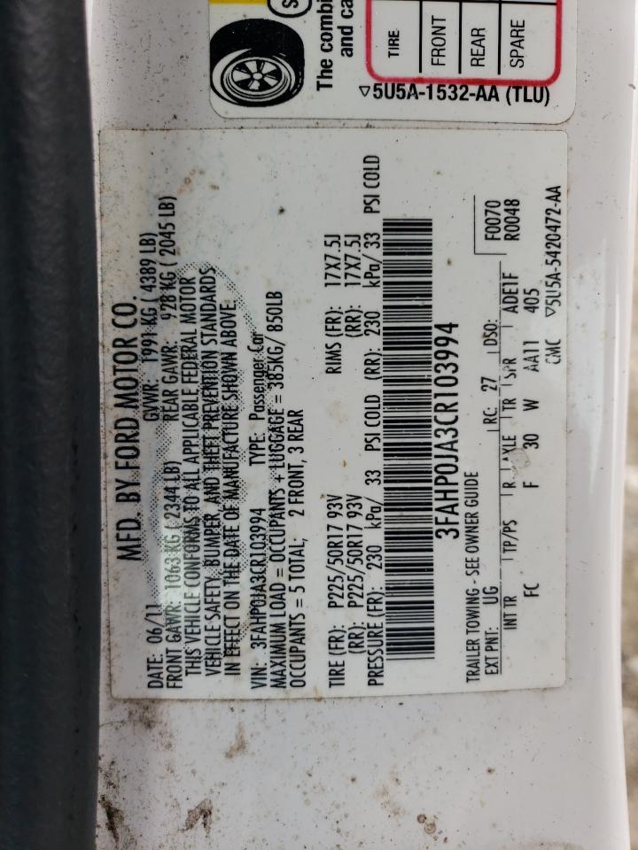 3FAHP0JA3CR103994 2012 Ford Fusion Sel