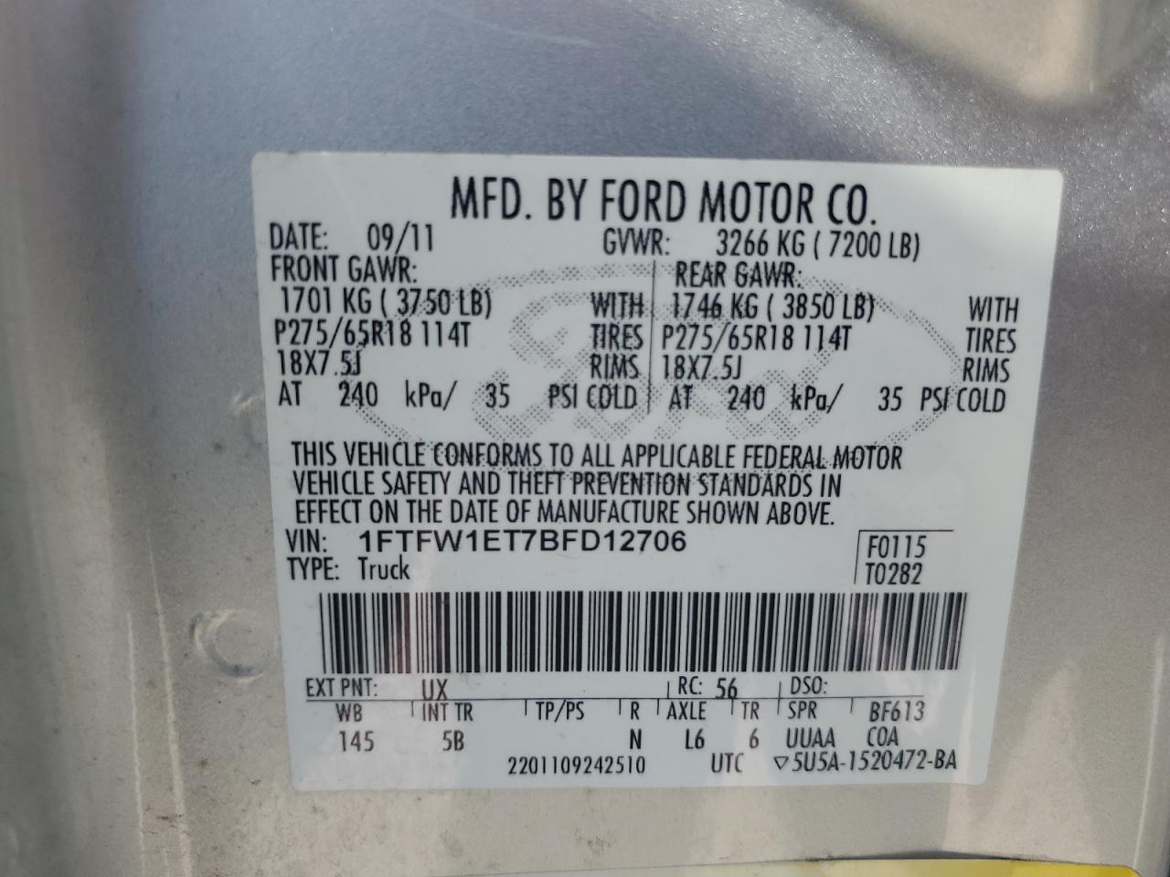 1FTFW1ET7BFD12706 2011 Ford F150 Supercrew