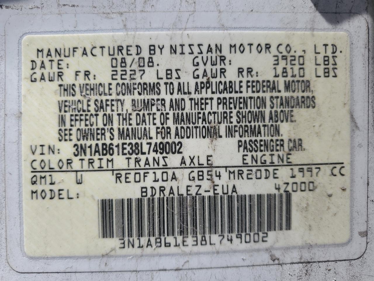 3N1AB61E38L749002 2008 Nissan Sentra 2.0