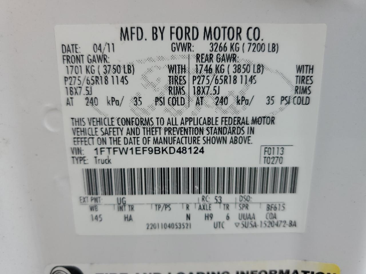 1FTFW1EF9BKD48124 2011 Ford F150 Supercrew