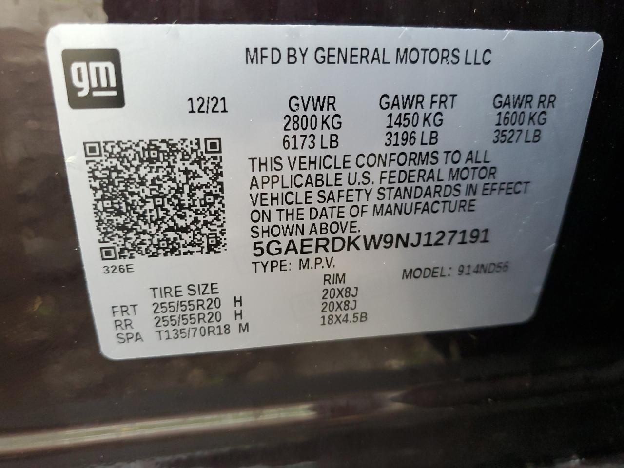 5GAERDKW9NJ127191 2022 Buick Enclave Avenir