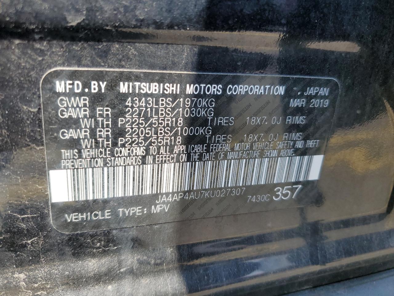 JA4AP4AU7KU027307 2019 Mitsubishi Outlander Sport Se