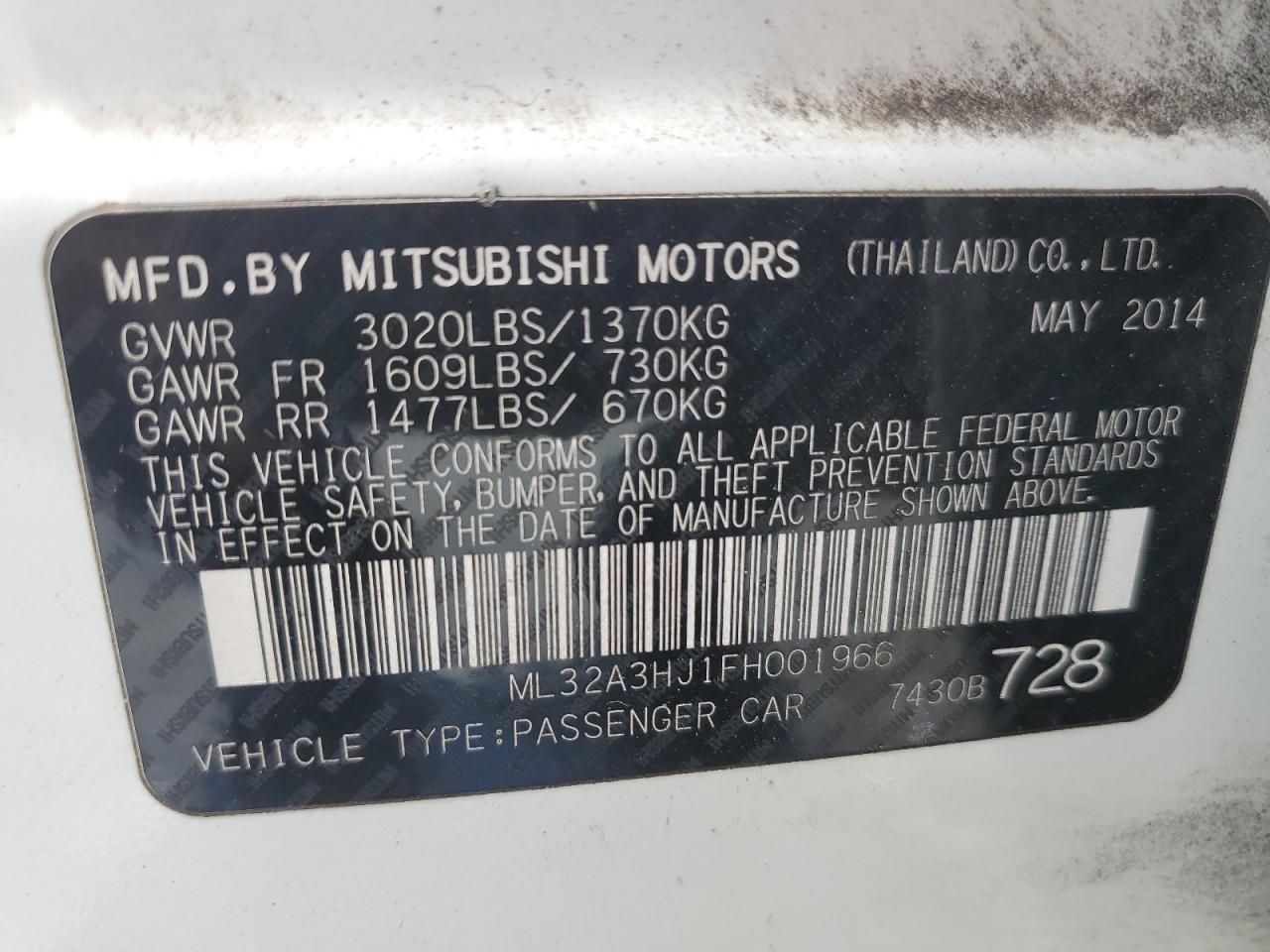 ML32A3HJ1FH001966 2015 Mitsubishi Mirage De