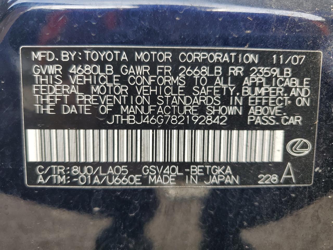 JTHBJ46G782192842 2008 Lexus Es 350