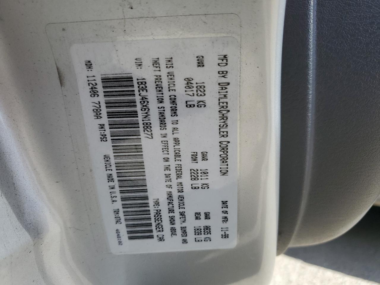 1B3EJ46X6YN188277 2000 Dodge Stratus Se