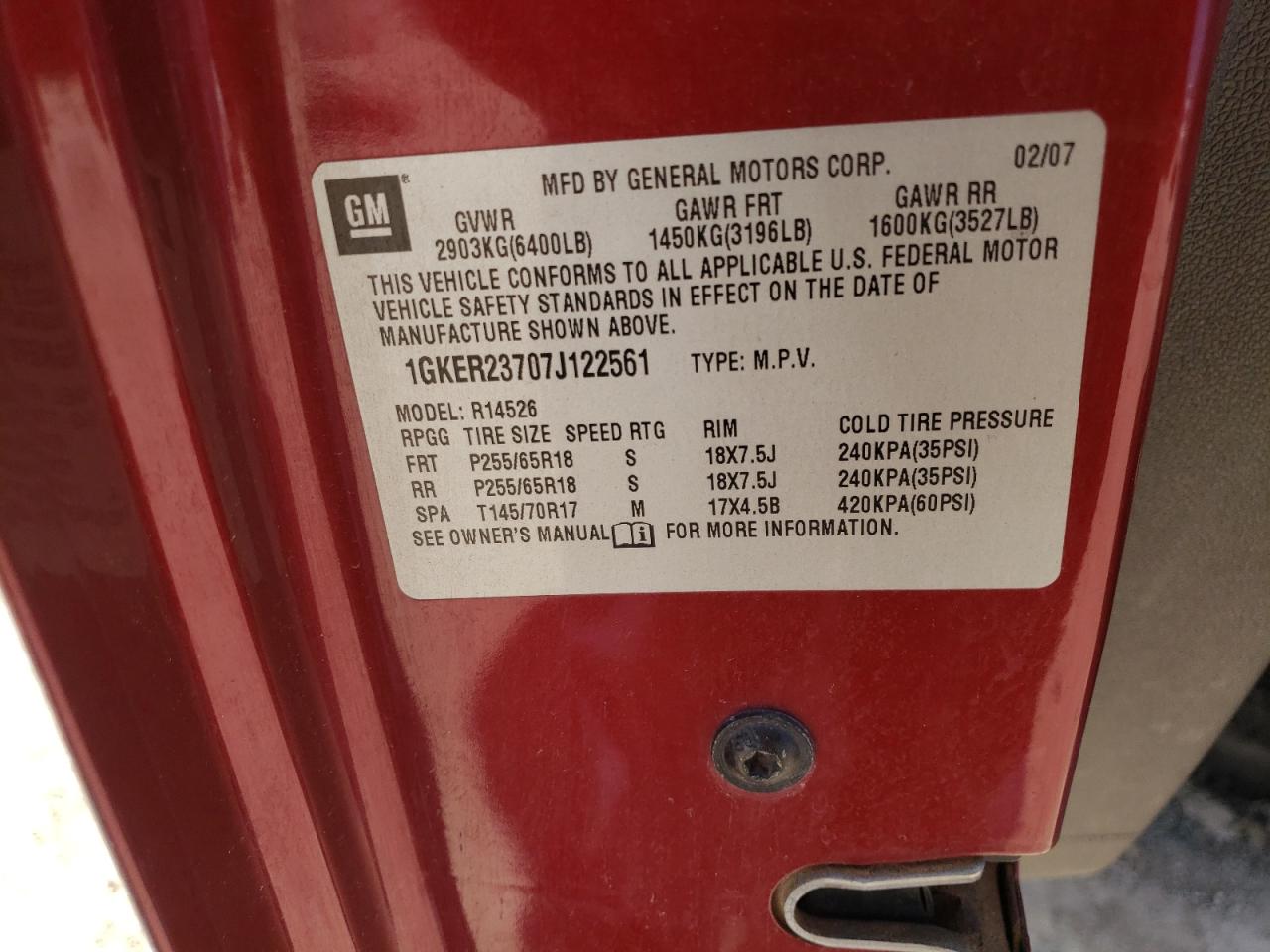 1GKER23707J122561 2007 GMC Acadia Slt-1