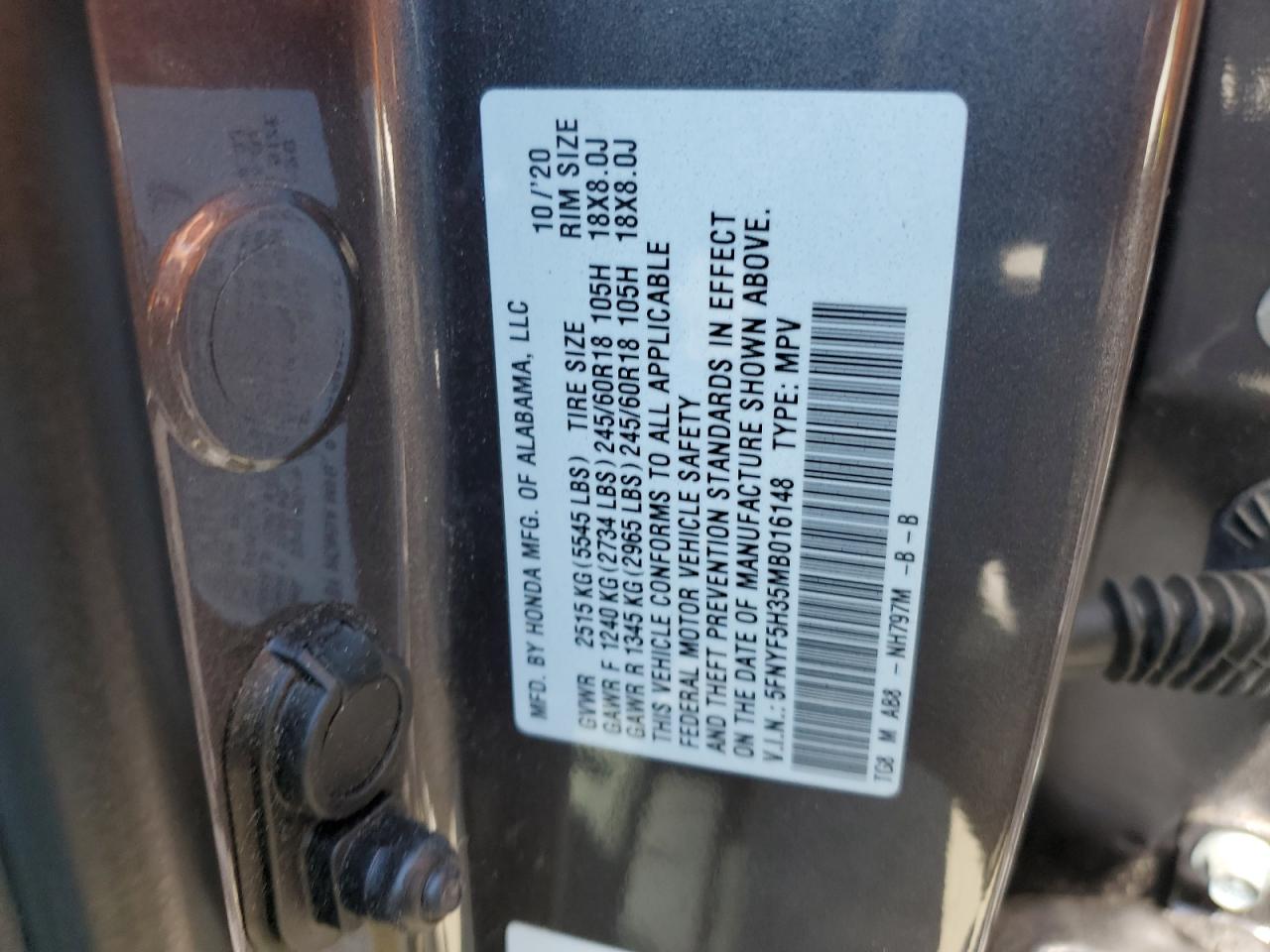 5FNYF5H35MB016148 2021 Honda Pilot Ex
