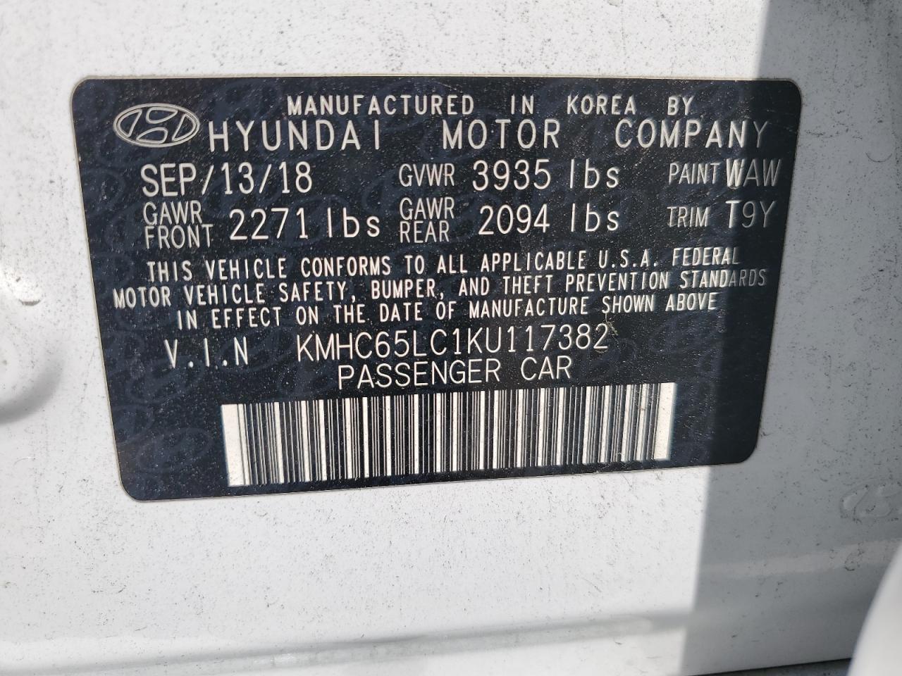 KMHC65LC1KU117382 2019 Hyundai Ioniq Blue