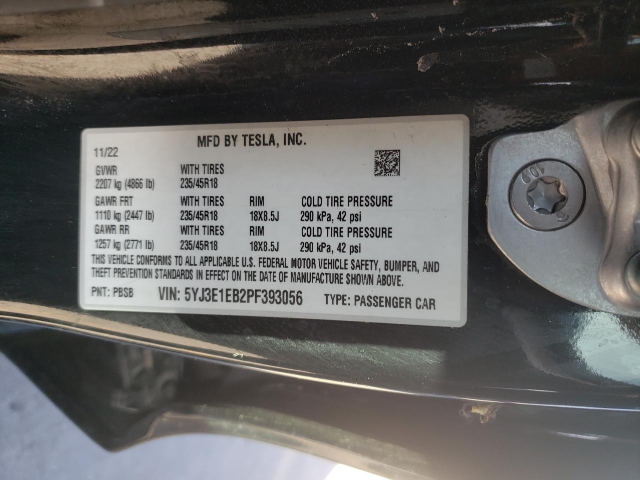 2023 Tesla Model 3 vin: 5YJ3E1EB2PF393056