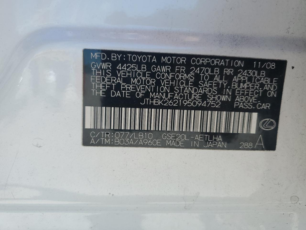 JTHBK262195094752 2009 Lexus Is 250