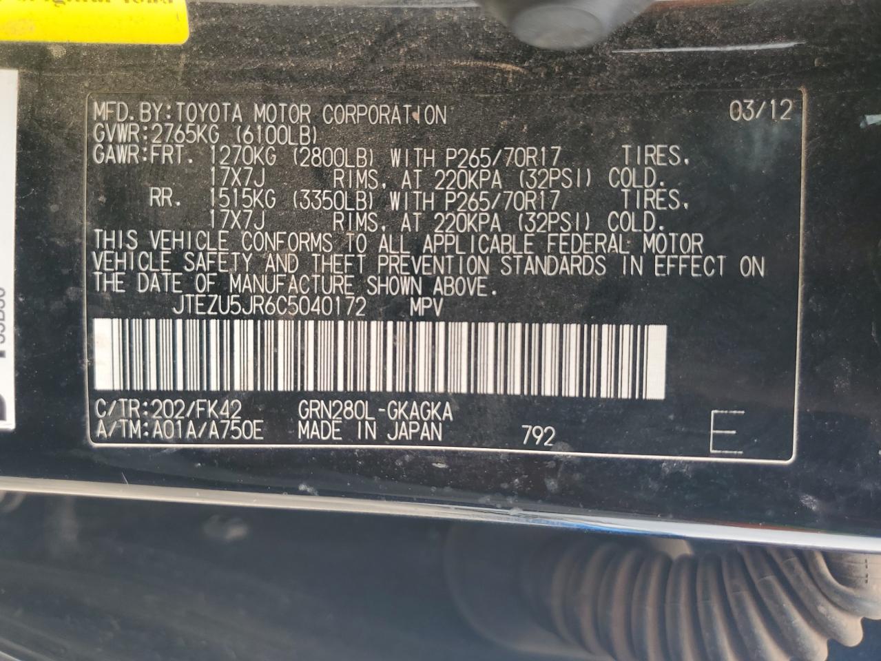 JTEZU5JR6C5040172 2012 Toyota 4Runner Sr5