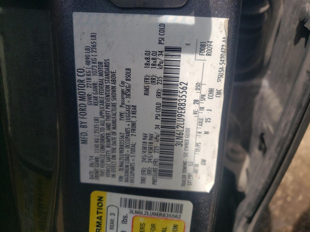 3LN6L2LU9ER835562 2014 Lincoln Mkz Hybrid