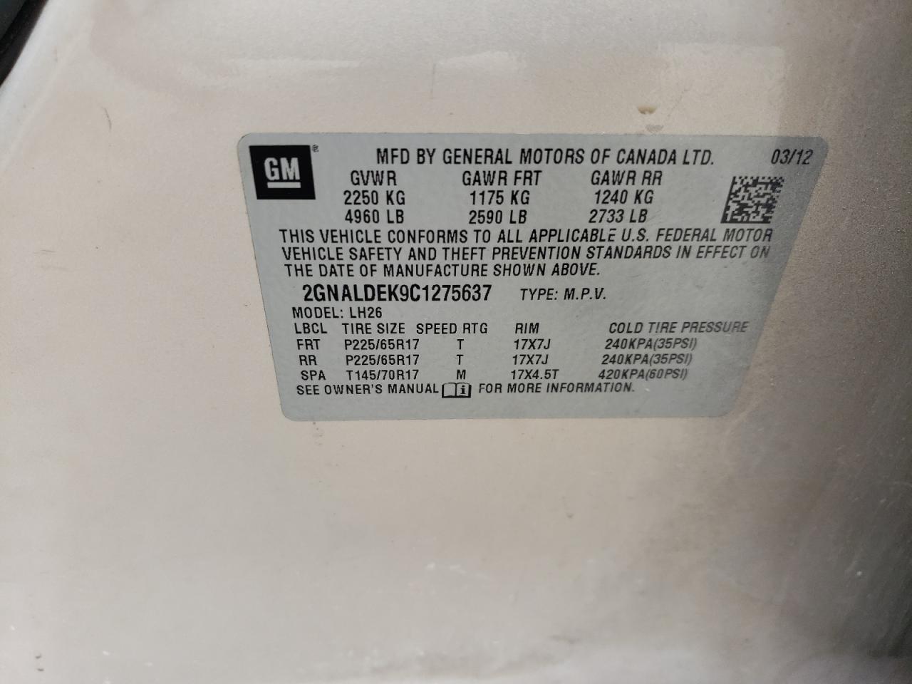 2GNALDEK9C1275637 2012 Chevrolet Equinox Lt