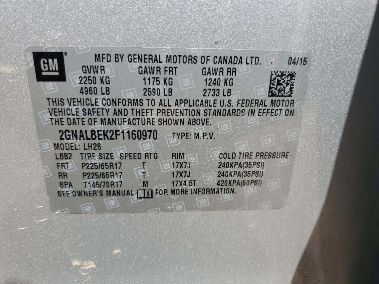 2GNALBEK2F1160970 2015 Chevrolet Equinox Lt