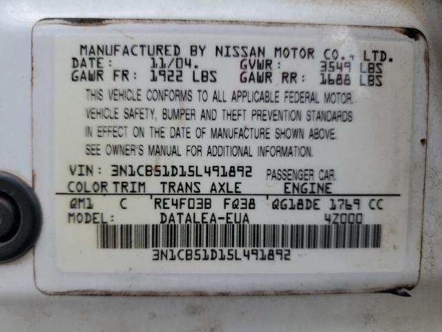 2005 Nissan Sentra 1.8 VIN: 3N1CB51D15L491892 Lot: 59373664