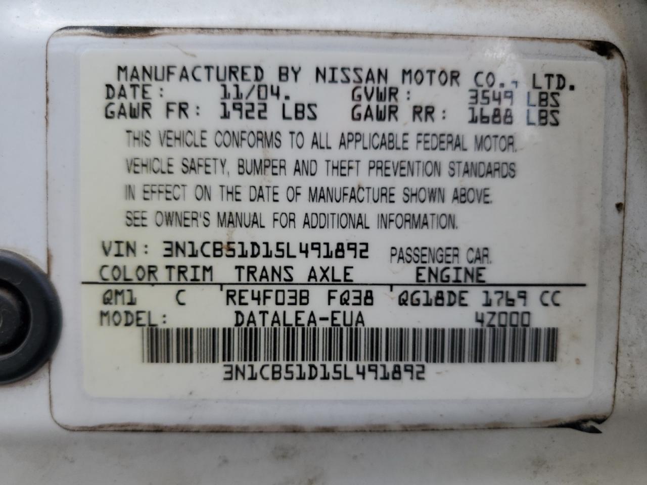 3N1CB51D15L491892 2005 Nissan Sentra 1.8