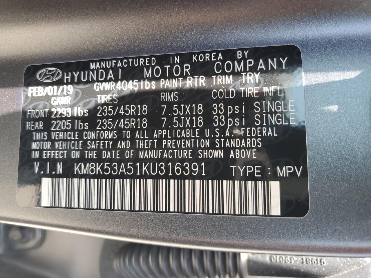 KM8K53A51KU316391 2019 Hyundai Kona Ultimate