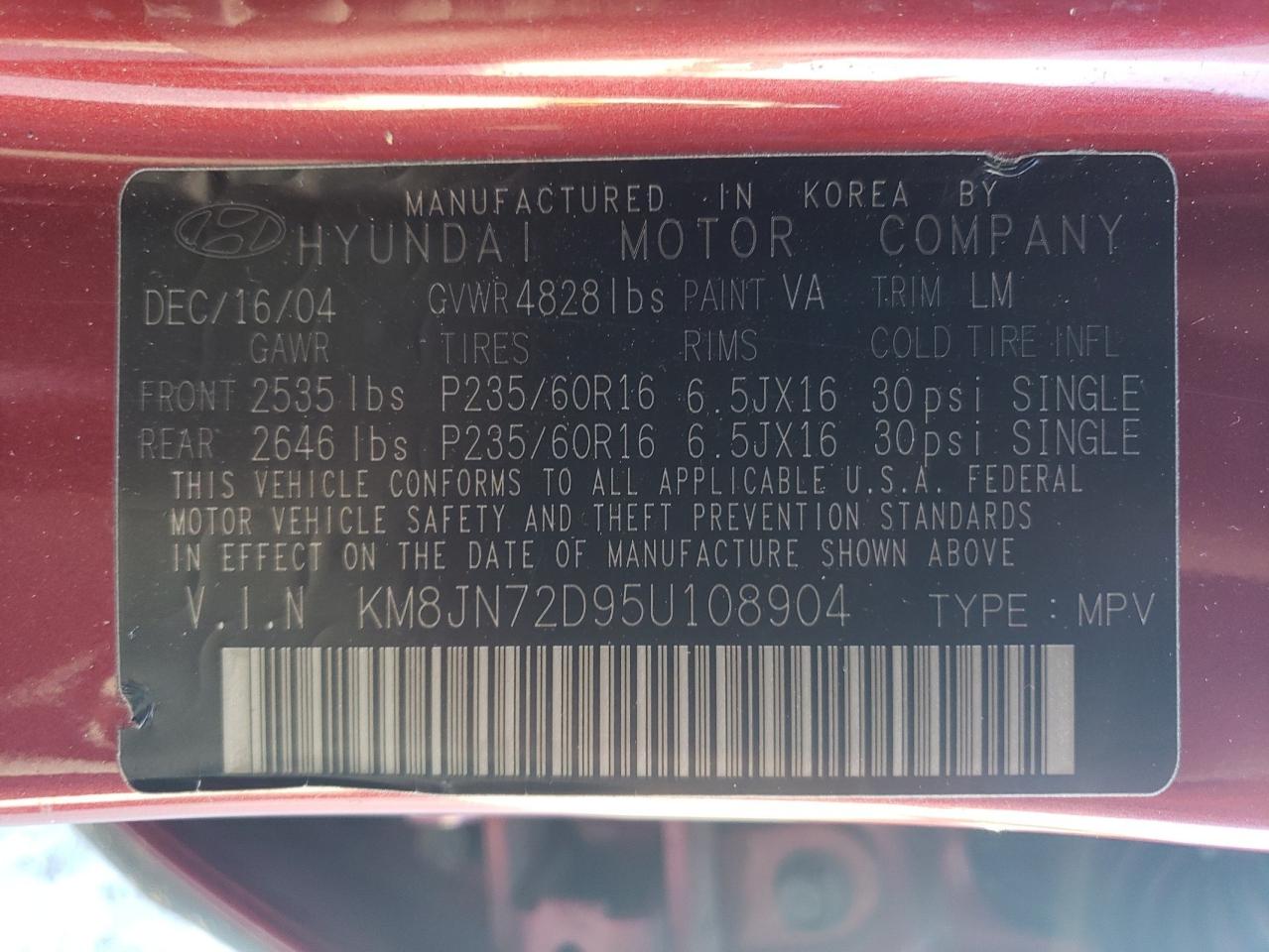 KM8JN72D95U108904 2005 Hyundai Tucson Gls