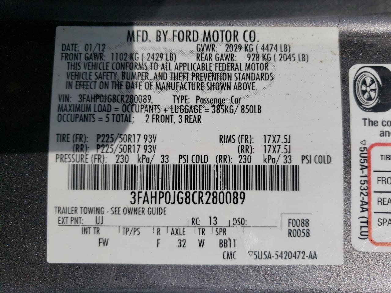 3FAHP0JG8CR280089 2012 Ford Fusion Sel