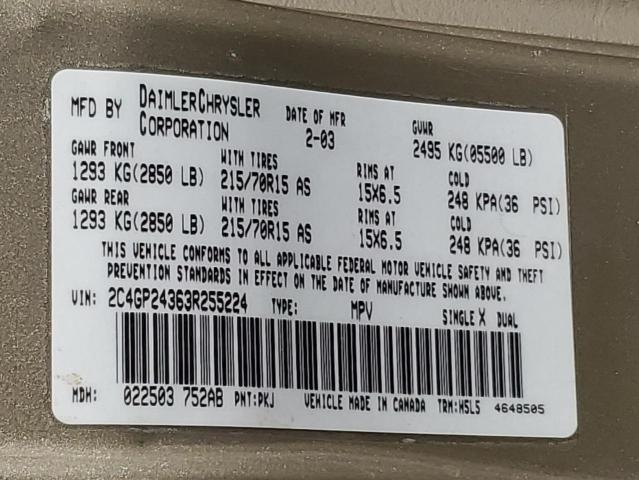 2003 Chrysler Town & Country VIN: 2C4GP24363R255224 Lot: 58738274