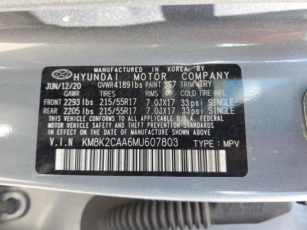 KM8K2CAA6MU607803 2021 Hyundai Kona Sel