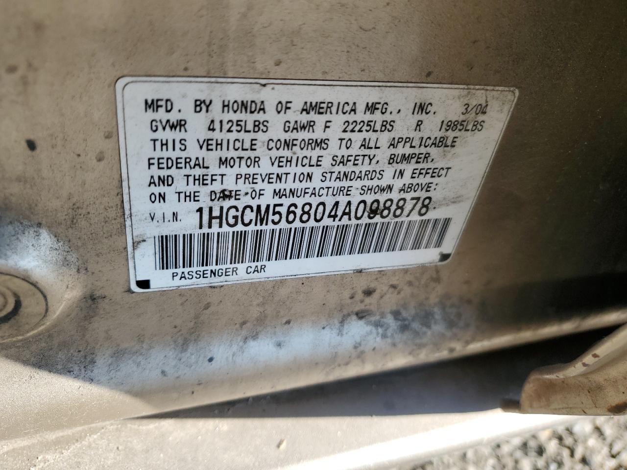 1HGCM56804A098878 2004 Honda Accord Ex