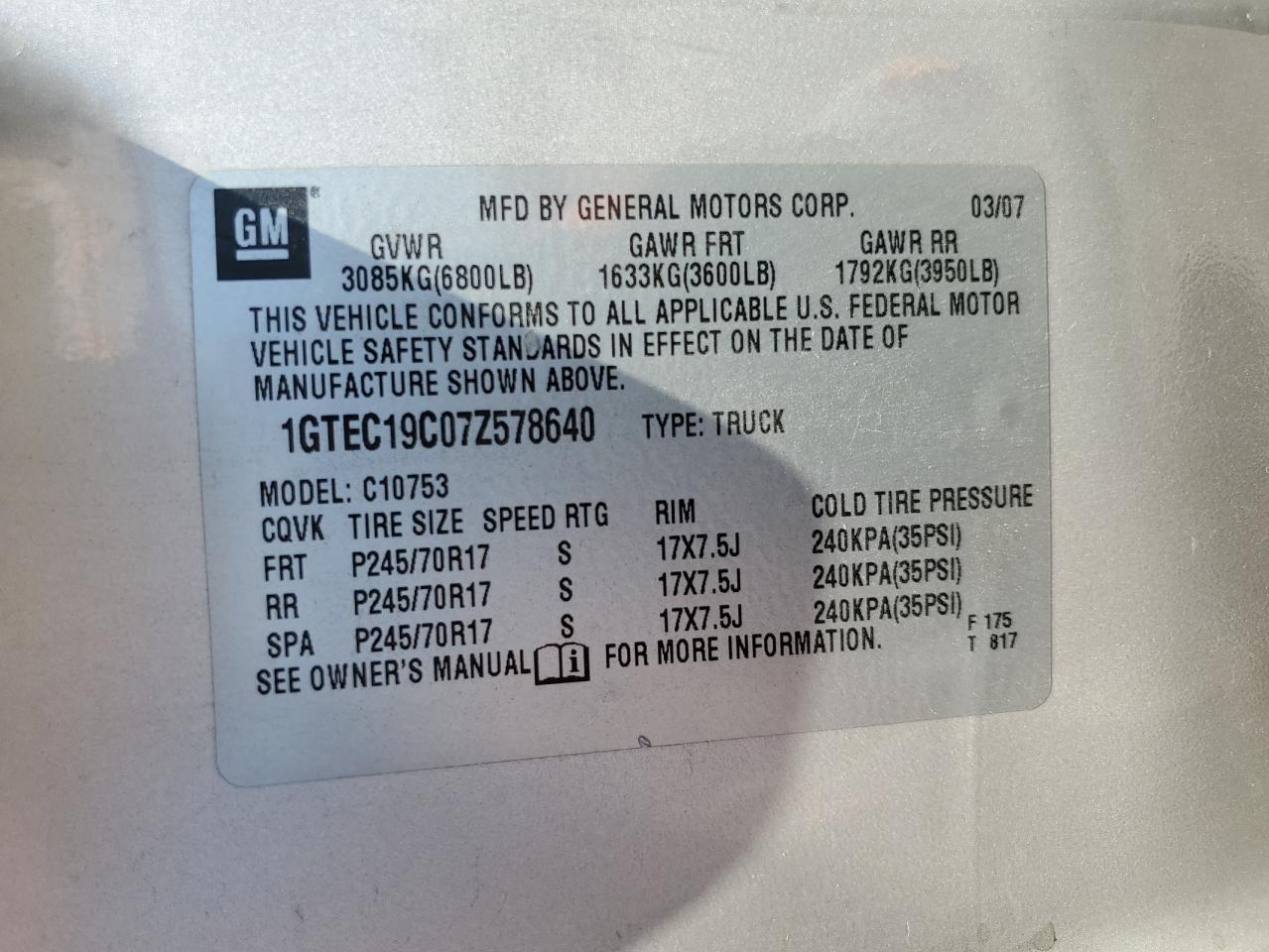 1GTEC19C07Z578640 2007 GMC New Sierra C1500