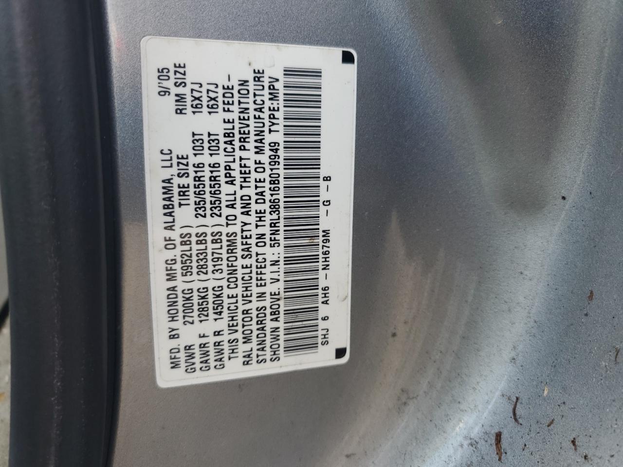 5FNRL38616B019949 2006 Honda Odyssey Exl