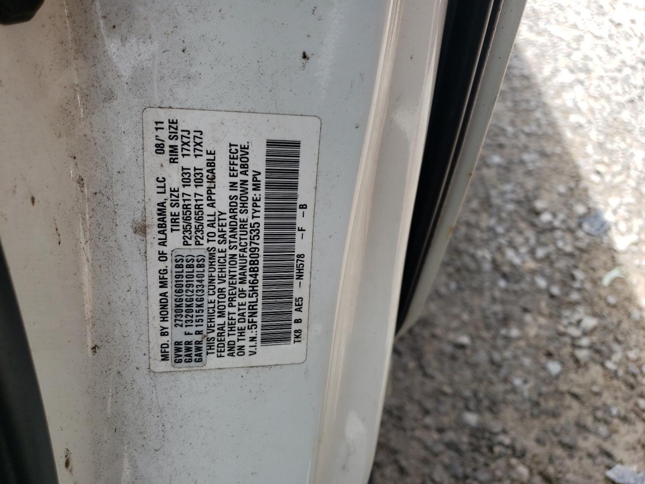 5FNRL5H64BB097535 2011 Honda Odyssey Exl