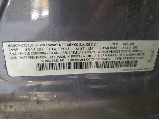2007 Volkswagen Jetta 2.5 VIN: 3VWHG81K07M029645 Lot: 57533654