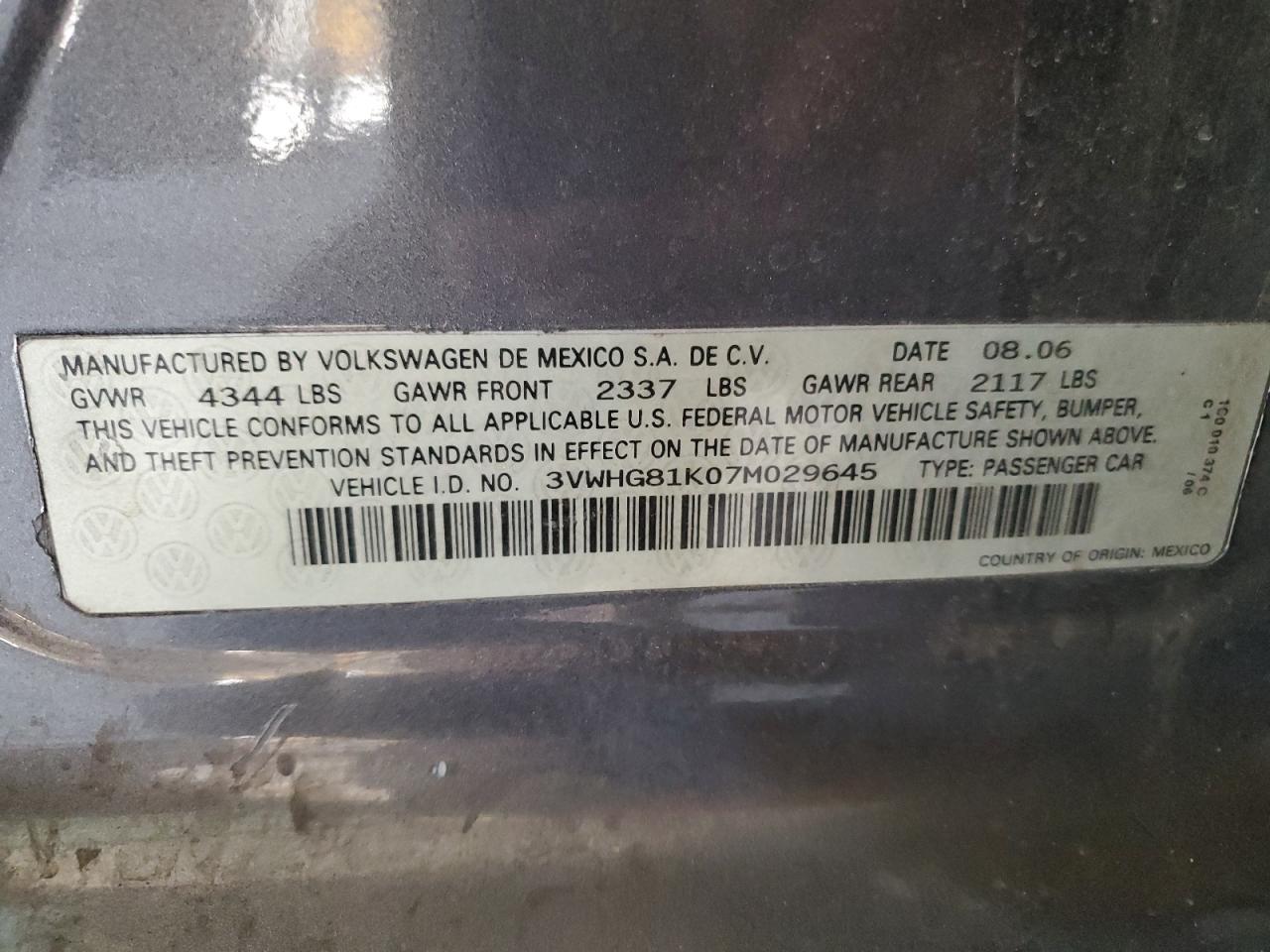 3VWHG81K07M029645 2007 Volkswagen Jetta 2.5