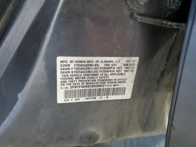 2012 Honda Pilot Touring VIN: 5FNYF4H9XCB030852 Lot: 60316224