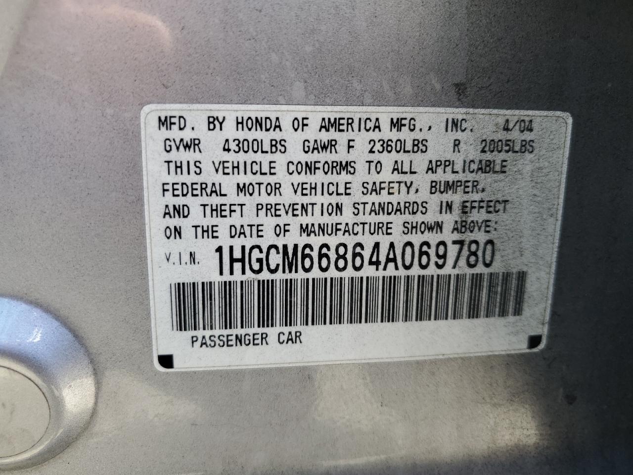 1HGCM66864A069780 2004 Honda Accord Ex