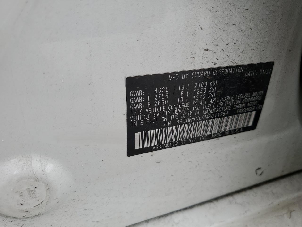 4S3BWAN69M3011254 2021 Subaru Legacy Limited