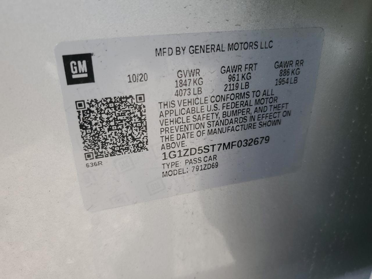 1G1ZD5ST7MF032679 2021 Chevrolet Malibu Lt