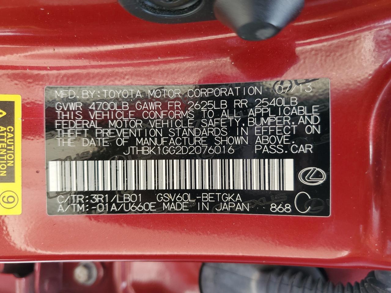 JTHBK1GG2D2076016 2013 Lexus Es 350