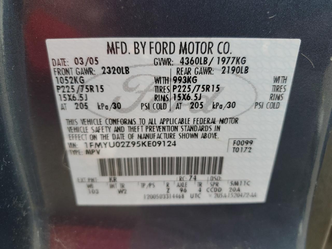 1FMYU02Z95KE09124 2005 Ford Escape Xls