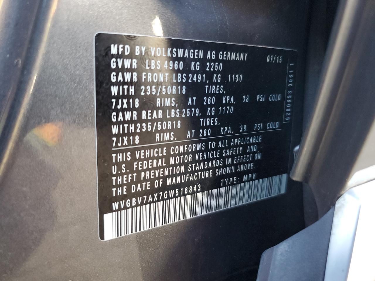 WVGBV7AX7GW516843 2016 Volkswagen Tiguan S