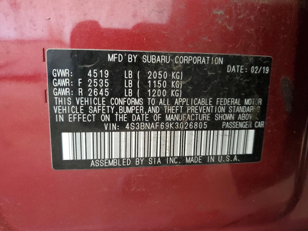 4S3BNAF69K3026805 2019 Subaru Legacy 2.5I Premium