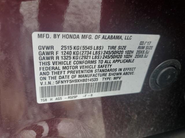 2017 Honda Pilot Touring VIN: 5FNYF5H9XHB014535 Lot: 59015874