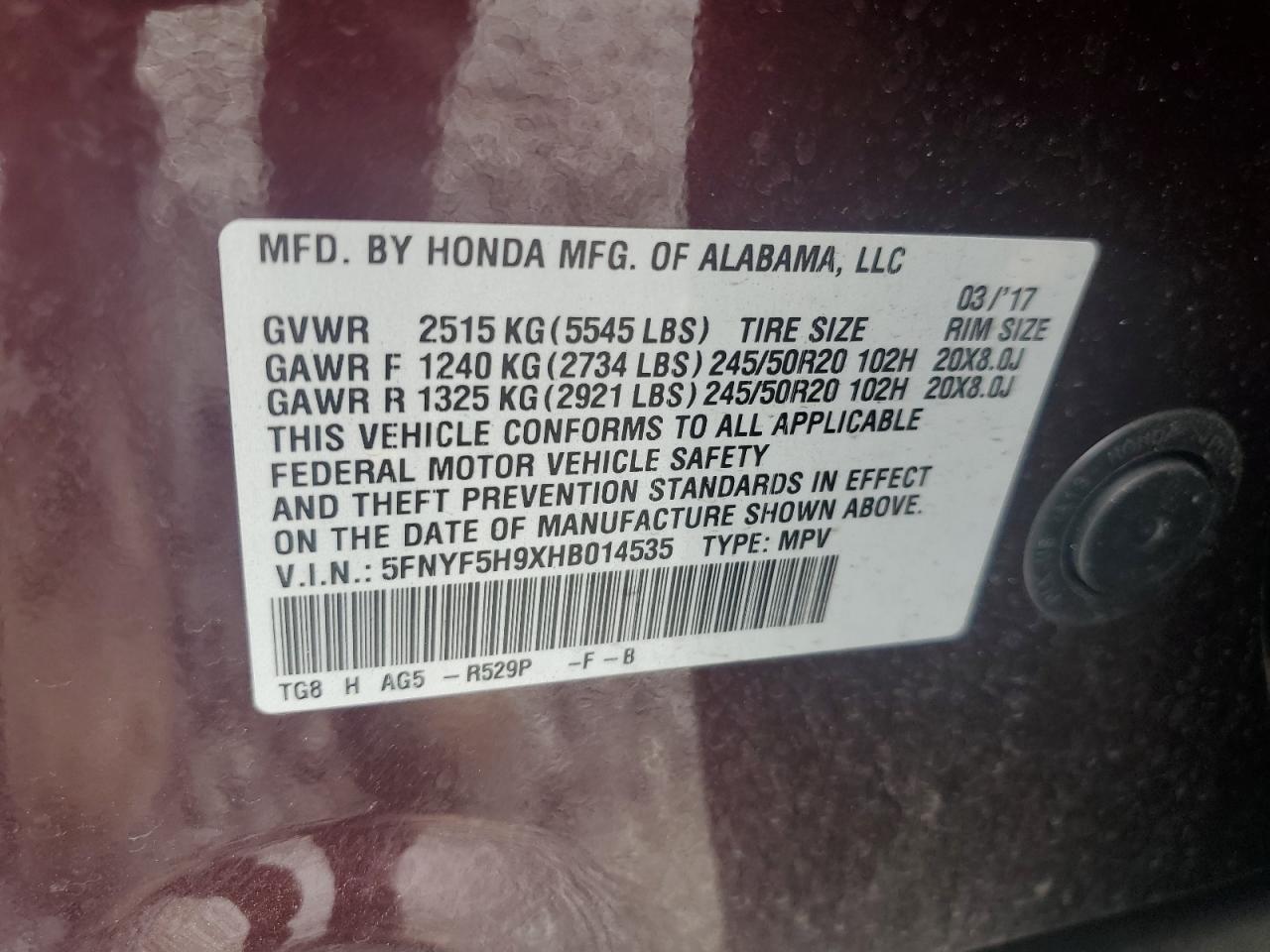 5FNYF5H9XHB014535 2017 Honda Pilot Touring