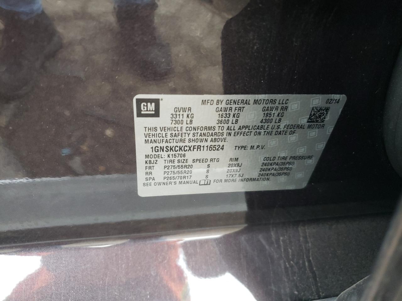 1GNSKCKCXFR116524 2015 Chevrolet Tahoe K1500 Ltz