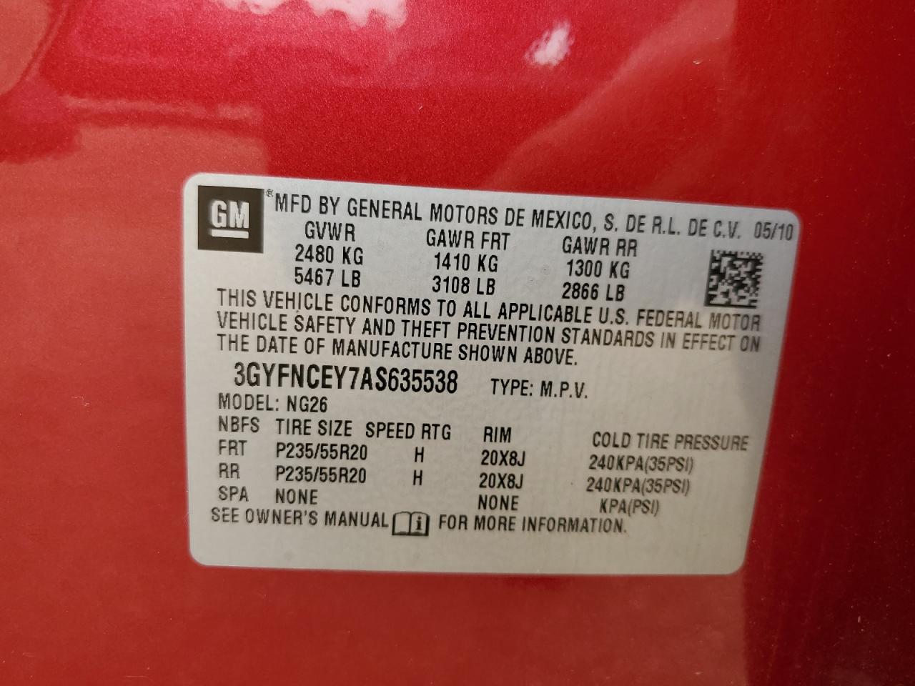 3GYFNCEY7AS635538 2010 Cadillac Srx Premium Collection