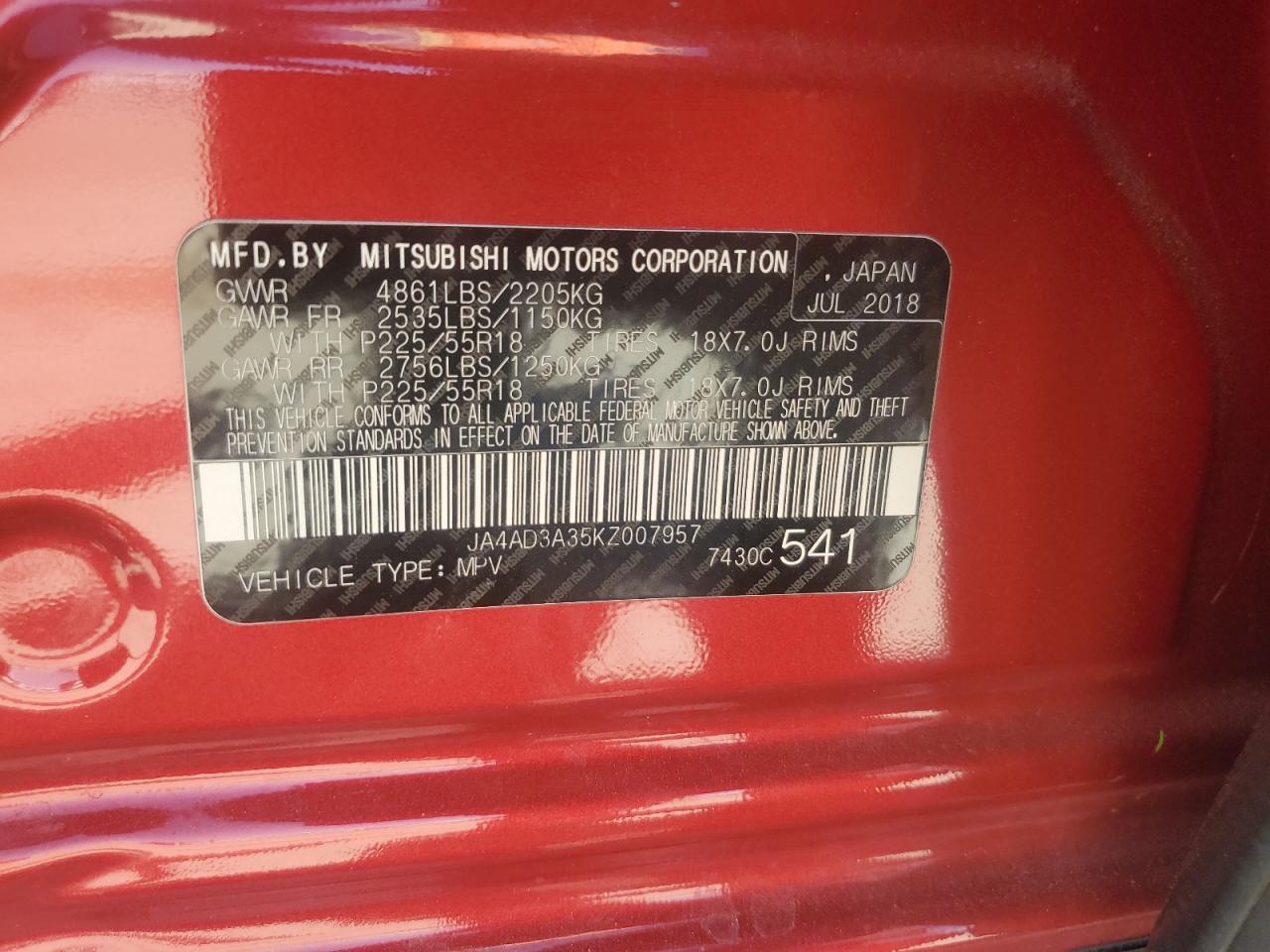 0A4AD3A35KZ007957 2019 Mitsubishi Outlander Se