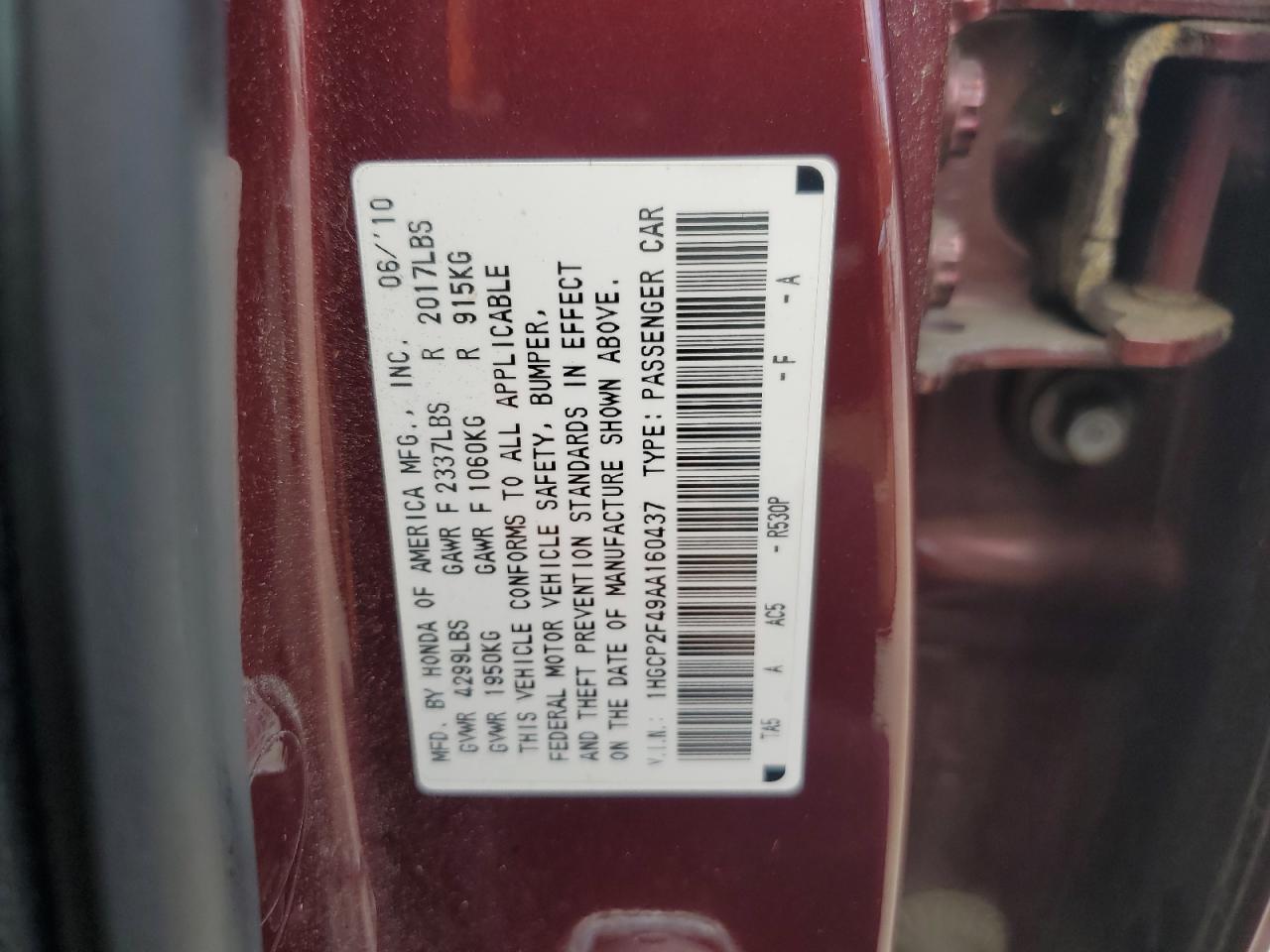 1HGCP2F49AA160437 2010 Honda Accord Lxp