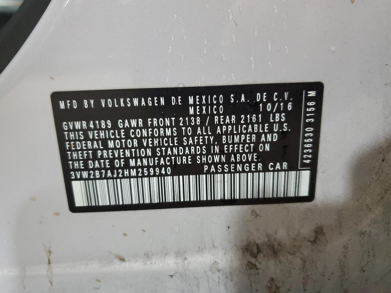 3VW2B7AJ2HM259940 2017 Volkswagen Jetta S